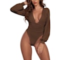 Miniatyrbilde 3 av 5: Kvinners Dyp V-hals Rynket Plissert Lang Ermet Topp Leotard Bodysuit