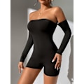 Miniatyrbillede 3 af 5: Kvinde Off Shoulder Langærmet Ribstrikkede Romper Kort Jumpsuit