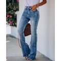 Miniatyrbild 3 av 4: Högmidjade elastiska utsvängda jeans för dambyxor