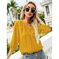 Miniatyrbilde 3 av 5: Kvinners Casual 3/4 Ermet Henley V-Hals Knappet Opp Plissert Bak Bluser Sveitsisk