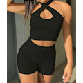 Miniatyrbild 2 av 5: Träningsset för kvinnor 2 delar Ribbad Halter Crop Top och Scrunch Butt Legging