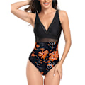Miniatyrbild 1 av 4: Kvinnors badkläder strandkläder push up simning badkläder blommigt tryck en del baddräkter orange blomma med svart botten, storlek M Orange Flower with Black Bottom M