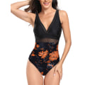 Miniatyrbild 1 av 4: Kvinnors badkläder strandkläder push up simning badkläder blommigt tryck en del baddräkter orange blomma med svart botten, storlek XL Orange Flower with Black Bottom XL