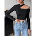 Miniatyrbilde 4 av 5: Kvinners utskårne langarmede rundhalsade Crop Top Slim