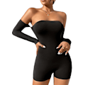 Miniatyrbillede 1 af 5: Kvinde Off Shoulder Langærmet Ribstrikkede Romper Kort Jumpsuit