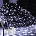 Miniatyrbillede 1 af 7: Solcelle Net Lights Udendørs Mesh Lights Hvid, 192 LED Net Lights Jul, Vandtæt 19 Tilstande Timer Træ Wrap Lights til Hegn, Have, Gård,