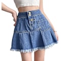 Miniatyrbilde 1 av 5: Kvinners høye midje jean skjørt casual mini flared skater denim skjørt med