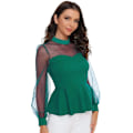 Miniatyrbild 4 av 5: Kvinnors Mesh Långärmad Mock Neck Volangfåll Slim Fit Peplum Blus