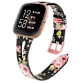 Miniatyrbillede 1 af 5: For Fitbit Versa 2 Læder Midteråbning Urrem IDZ Black Pink Flower