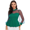 Miniatyrbild 1 av 5: Kvinnors Mesh Långärmad Mock Neck Volangfåll Slim Fit Peplum Blus