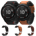 Miniatyrbild 3 av 5: För Garmin Fenix 6x Pro 26mm Läder Sömnad Stål Spänne Klockarmband RGI Black