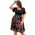 Miniatyrbilde 1 av 5: Kvinners Plus Size Blomstermønster Scoop Neck Korte Ermer Boho A-linje Kjole Svart