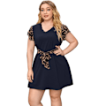 Miniatyrbillede 4 af 5: Romwe Plus Size Kortærmet Leopard Print Bæltet Casual Tunika Midi til Kvinder