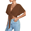 Miniatyrbilde 4 av 4: Kvinners dyp V-ringet slips foran knute Wrap volang kortarmet Crop Top