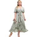 Miniatyrbillede 1 af 3: Plus Size Blomstermønstret V-hals Ruffle Wrap Bæltet Aline Kjole til Kvinder