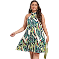 Miniatyrbillede 1 af 5: Kvinde Plus Størrelse Boho Floral Tropisk Print Ærmeløs Halter Binde Hals A Linje