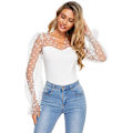 Miniatyrbillede 4 af 5: Elegant mesh lanterne biskop ærme V-hals slim fit ensfarvet bluse top til kvinder