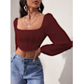 Miniatyrbillede 4 af 5: Kvinde Rib Strik Crop Top Langærmet Firkantet Hals Puff Korset Bluse