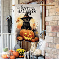 Miniatyrbillede 3 af 7: Halloween Kat Have s 28x40 Dobbeltsidet Happy Halloween Efterår Græskar Dekoration Til Hjem Udendørs Sjov Have Sækkestof s Efterår Have  Sort-2 Sort-2