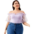 Miniatyrbillede 1 af 5: Kvinders Plus Size Off Shoulder Sheer Mesh Puff Kortærmet Bluse Toppe