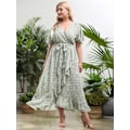 Miniatyrbillede 3 af 3: Plus Size Blomstermønstret V-hals Ruffle Wrap Bæltet Aline Kjole til Kvinder