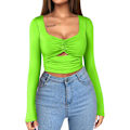 Miniatyrbilde 1 av 5: Kvinners Sexy Cut Out Langærmet Crop Top Ruched Slim Fit Basic T-skjorter