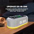 Miniatyrbillede 7 af 9: Bluetooth-højttaler med trådløs opladning, dobbelt vækkeur, 3 niveauer lysstyrke, sengelampe, digitalt ur 12/24 timer, 6 i 1 trådløs opladningsstation