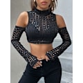 Miniatyrbilde 4 av 5: Kvinners utskårne langarmede rundhalsade Crop Top Slim