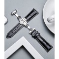 Miniatyrbild 2 av 5: Läderklockarmband Ersättning Alligator Rem För Män Kvinnor Med Silver Fjärils Deployment Spänne Black 21mm