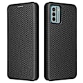 Pikkukuva 1 / 5: Nokia G22:n hiilikuitu-tekstuurillinen nahkainen kotelo, flip-folio-tyyppinen, telineellä ja korttipaikalla