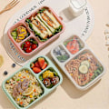 Miniatyrbild 2 av 5: Lunchlåda av vetehalm, Bento-låda med tre fack, Lunchlåda för studenter, kontorsarbetare och restaurang, Portabel lunchlåda för utomhusbruk