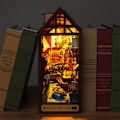 Miniatyrbild 5 av 5: Bokhörna Bokhylla Insats 3D Träpussel, DIY Bokstöd Dekoration Byggset Modellkit Med LED-Ljus För Vuxna Barn - Sunshine Town N färg:B