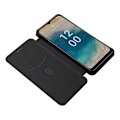 Pikkukuva 2 / 5: Nokia G22:n hiilikuitu-tekstuurillinen nahkainen kotelo, flip-folio-tyyppinen, telineellä ja korttipaikalla