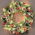 Miniatyrbilde 1 av 2: Lysende Kunstig Julekrans Med Snøeffekt, Blandede Pynt Og Forhåndsmonterte Hvite LED-Lys