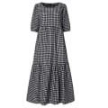 Miniatyrbillede 3 af 4: Kvinder sommer plaid puffy kortærmet midikjole Y Black,4XL