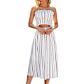 Miniatyrbillede 1 af 5: Blomsterbluse til kvinder, Maxi-nederdeldragtskjole. White Striped X-Large