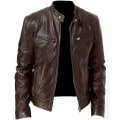 Miniatyrbillede 1 af 3: Mænd vinter læderjakke Langærmet lynlås Slim Biker Coat Stand Krave Casual Overtøj CNMR Brown XL