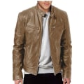 Miniatyrbild 1 av 3: Män Vinter läderjacka ångärmad dragkedja Slim Biker Coat Stand Krage Casual Ytterkläder CNMR Khaki L