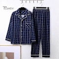Miniatyrbild 2 av 5: Herrpyjamas Set Rutigt Tryck Kavajslag Långärmad Enkelknäppt Skjorta Elastisk Midja Långbyxor Set Lös Passform Loungewear Kostym LGL mörkgrön dark green L