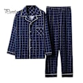 Miniatyrbild 1 av 5: Herrpyjamas Set Rutigt Tryck Kavajslag Långärmad Enkelknäppt Skjorta Elastisk Midja Långbyxor Set Lös Passform Loungewear Kostym LGL mörkblå dark blue XXXL