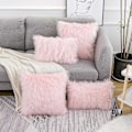 Miniatyrbillede 2 af 5: Sæt med 2 lyserøde, fluffy pudebetræk, ny luksusserie, merino-stil, blush imiteret pels, dekorative pyntepudebetræk, firkantet, fuzzy pudebetræk, 45x45 cm