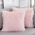 Miniatyrbillede 1 af 5: Sæt med 2 lyserøde, fluffy pudebetræk, ny luksusserie, merino-stil, blush imiteret pels, dekorative pyntepudebetræk, firkantet, fuzzy pudebetræk, 45x45 cm
