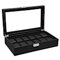 Miniatyrbillede 1 af 6: Songmics 12 rum, stort urkasse med glaslåg, 36,2 x 9 x 21,3 cm, sort