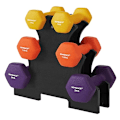 Miniatyrbillede 1 af 3: Songmics Hex hantel sæt med stativ, 2 x 1 kg, 2 x 1,5 kg, 2 x 2 kg, håndvægte, gul, orange og lilla
