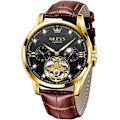 Miniatyrbild 1 av 7: Herrklockor i läder, automatisk mekanisk skelett Tourbillon Diamant Lyx självuppdragande armbandsur Månfas vattentät självlysande