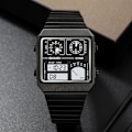 Miniatyrbild 5 av 8: Multifunktionella Fyrkantiga Herrklockor Dubbel Display Sportklocka för Män Termometer Datum Rostfritt Stål Armbandsur Alarm Business Manlig Quartzklocka