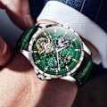 Miniatyrbild 3 av 7: Herrklockor i läder, automatisk mekanisk skelett Tourbillon Diamant Lyx självuppdragande armbandsur Månfas vattentät självlysande