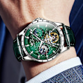 Miniatyrbild 4 av 7: Herrklockor i läder, automatisk mekanisk skelett Tourbillon Diamant Lyx självuppdragande armbandsur Månfas vattentät självlysande