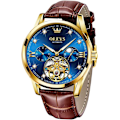 Miniatyrbild 1 av 7: Herrklockor i läder, automatisk mekanisk skelett Tourbillon Diamant Lyx självuppdragande armbandsur Månfas vattentät självlysande