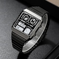 Miniatyrbild 4 av 8: Multifunktionella Fyrkantiga Herrklockor Dubbel Display Sportklocka för Män Termometer Datum Rostfritt Stål Armbandsur Alarm Business Manlig Quartzklocka